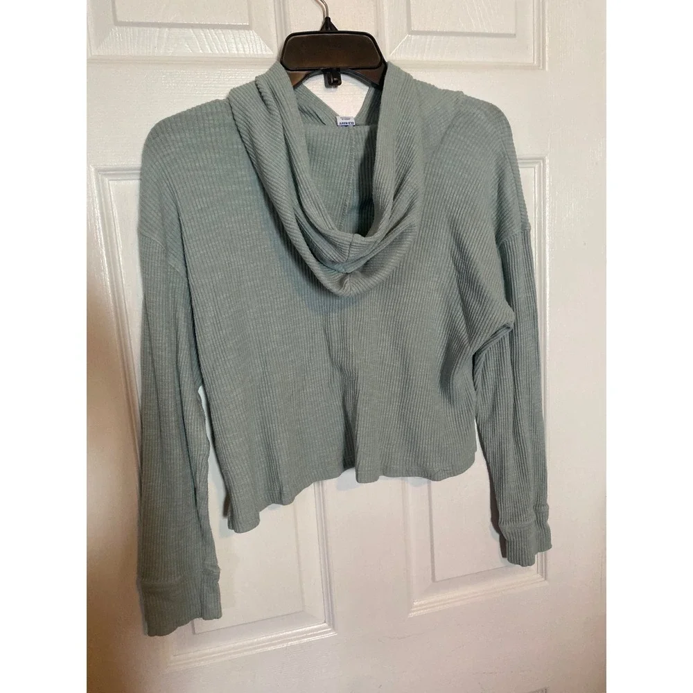 Old Navy Girls XL 14-16 Ribbed Hooded Pullover Top Sage Green Long Sleeve Crop